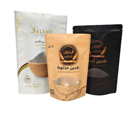 الطباعة الرقمية المخصصة البلاستيكية القابلة لإعادة إغلاق السكر حقيبة التعبئة والتغليف لتخزين الأغذية مع زيبلوك نافذة واضحة الوقوف فوق الحقيبة