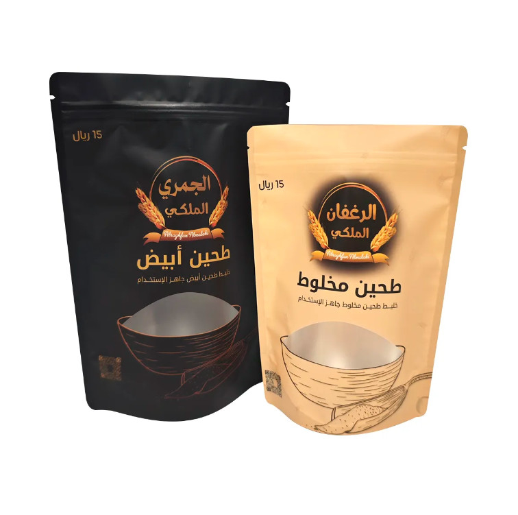 الطباعة الرقمية المخصصة البلاستيكية القابلة لإعادة إغلاق السكر حقيبة التعبئة والتغليف لتخزين الأغذية مع زيبلوك نافذة واضحة الوقوف فوق الحقيبة