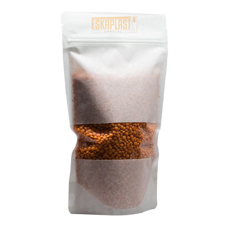 حقيبة جلد بقري أبيض (حقيبة واقفة) مع نافذة صغيرة، سحاب مطبوع حسب الطلب، حقيبة واقفة من ورق الكرافت / حقيبة تغليف طعام